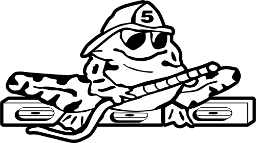 Frog Level Volunteer Fire Department logo: a frog in a number 5 helmet riding a fire engine